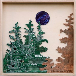 Original Mixed media artwork using recycled computer boards and reclaimed wood by Leslie Leong, Canadian artist in Whitehorse, Yukon.