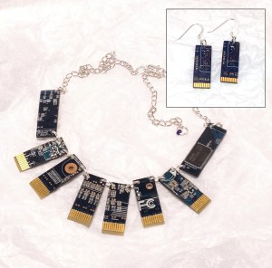 Blue Upcycled recycled CPU computer board necklace Beautiful Bytes Collar by Leslie Leong, Canadian Artist, Whitehorse, Yukon.
