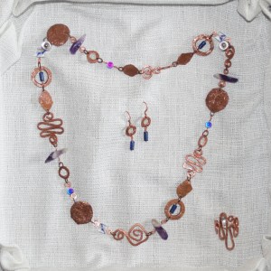 Handmade jewelry by Leslie Leong, reClaim, recycled, copper, up-cycled jewellery, necklace, earrings, blue, purple