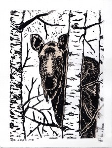 Moose Linocut print watercolour washed by Leslie Leong, Canadian Artist, Whitehorse, Yukon