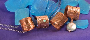 reClaimed Copper Tube pendants with Opal and freshwater pearl by Leslie Leong, Canadian Artist, Whitehorse, Yukon.