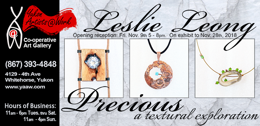 Details for the Precious Exhibition with three images of pendants: Cubic Zirconia set inside a knot in found wood; molten copper disc with an opal bead; caribou horn sliced and adorned with glass beads in an asymmetrical composition