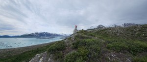 Hiker Looking over Lowell Lake from the moraine, 8-day packraft expedition down the Jarvis River to the Kaskawulsh River, to the Alsek River, into Lowell Lake, and across to the rock island that splits the Lowell Glacier into two tongues.